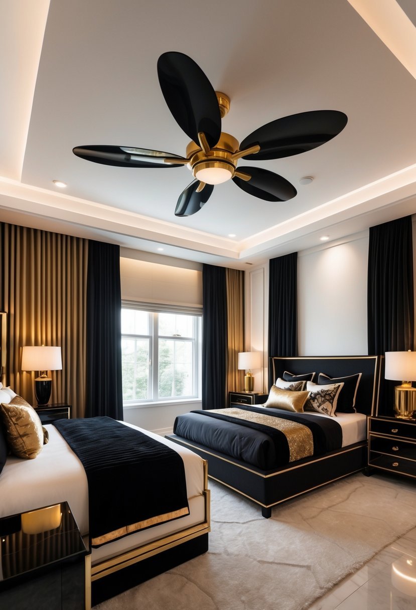 A bedroom with a black ceiling fan featuring gold accents, a bed with black and gold bedding, and bedside tables with lamps.