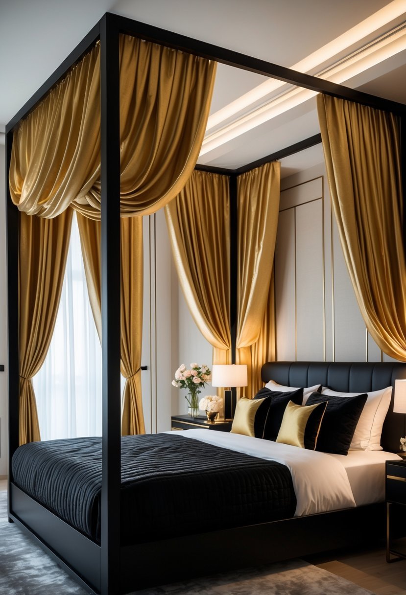 A bedroom with a black canopy bed draped with gold curtains, featuring bedside furniture and soft lighting.