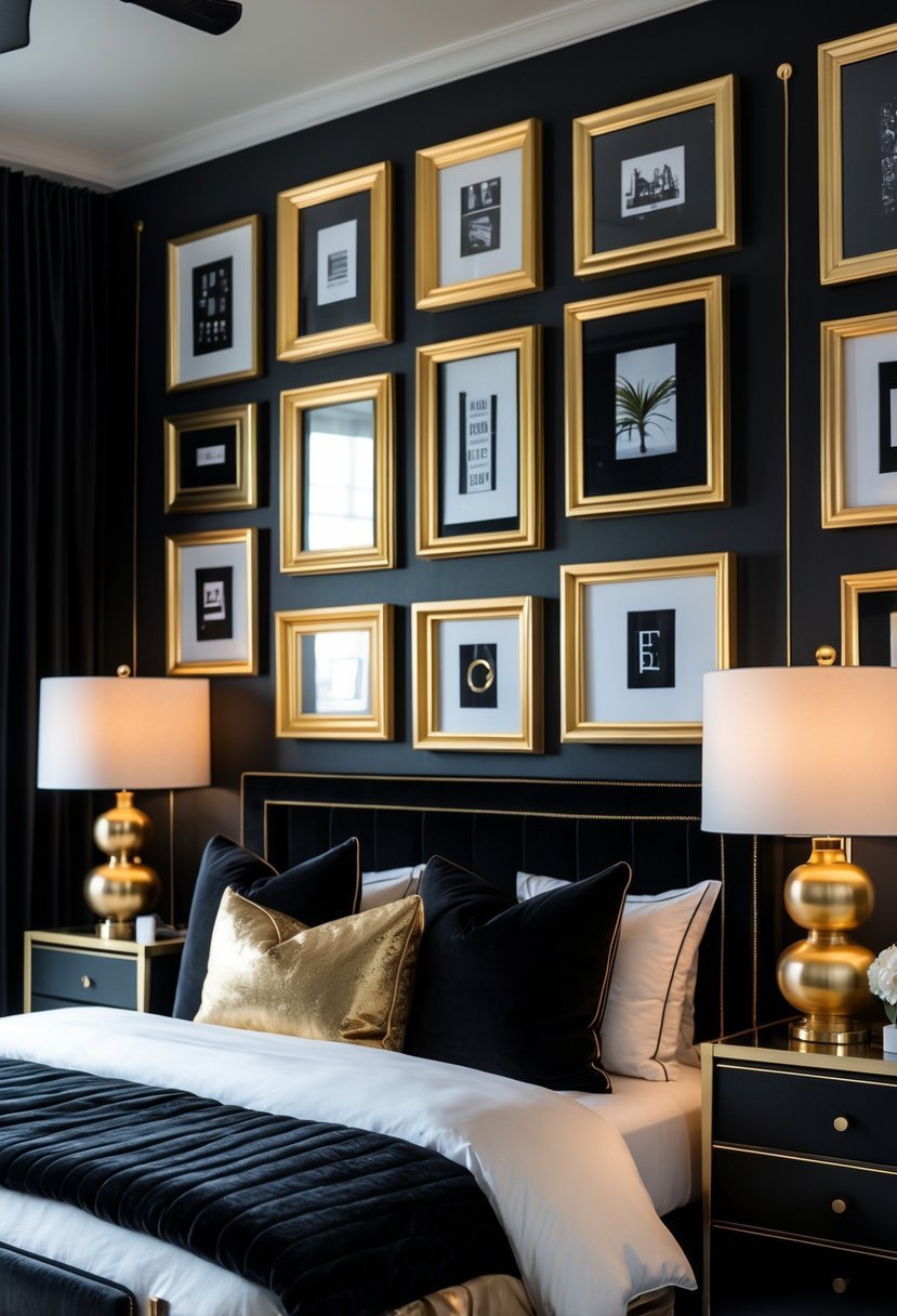 A bedroom with black walls decorated with several gold photo frames and matching black and gold furniture.