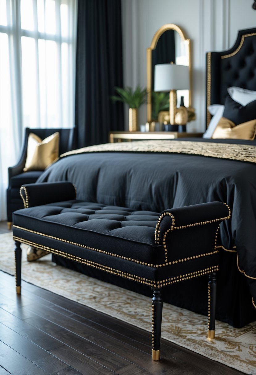 Black upholstered bench with gold studs in a bedroom with black and gold decor.