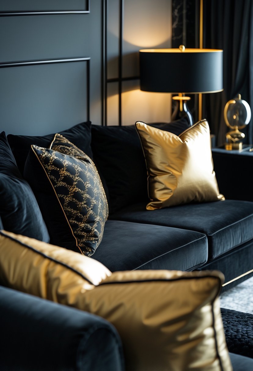Black sofa with gold decorative pillows in a bedroom setting.