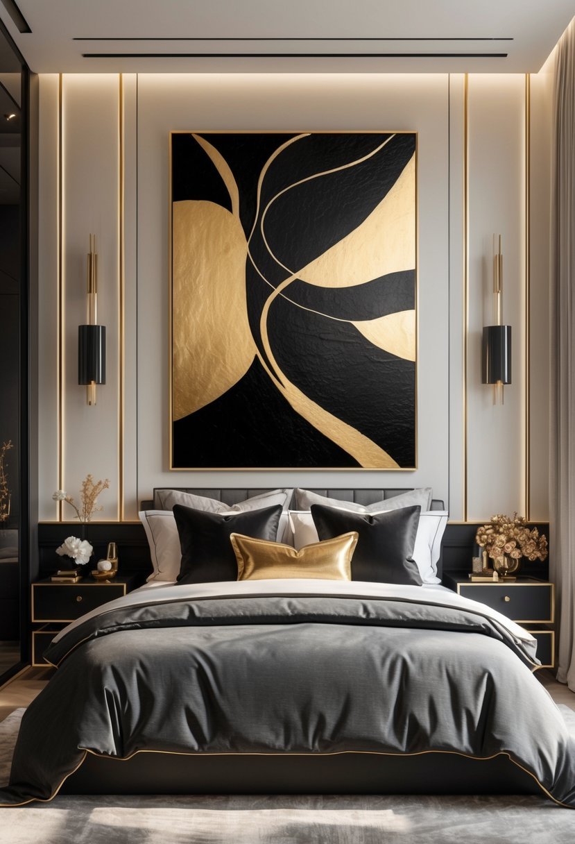 A bedroom with a bed beneath a large black and gold abstract painting, decorated with matching black and gold bedding and accessories.