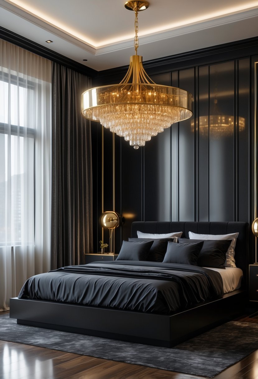 A bedroom with a gold chandelier hanging above a black platform bed with dark bedding.