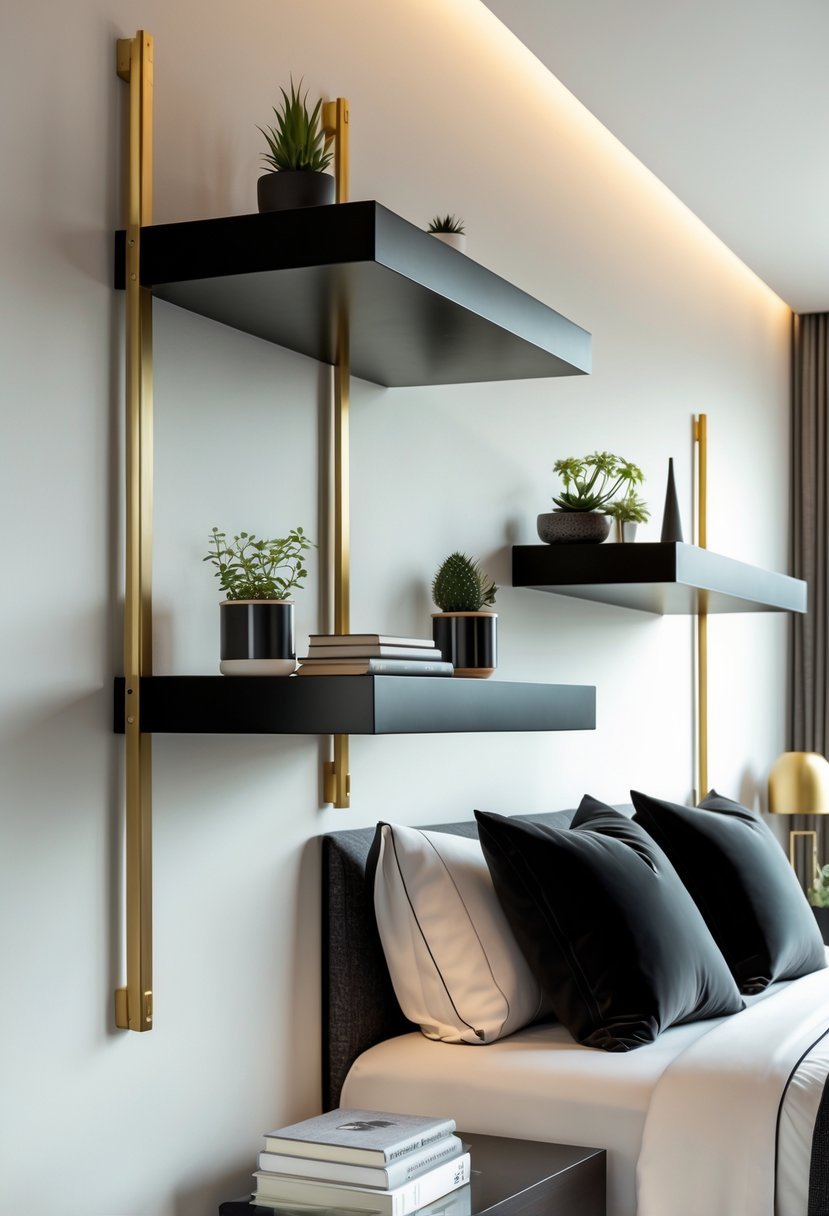A bedroom with black floating shelves supported by gold brackets, decorated with plants and books above a neatly made bed.
