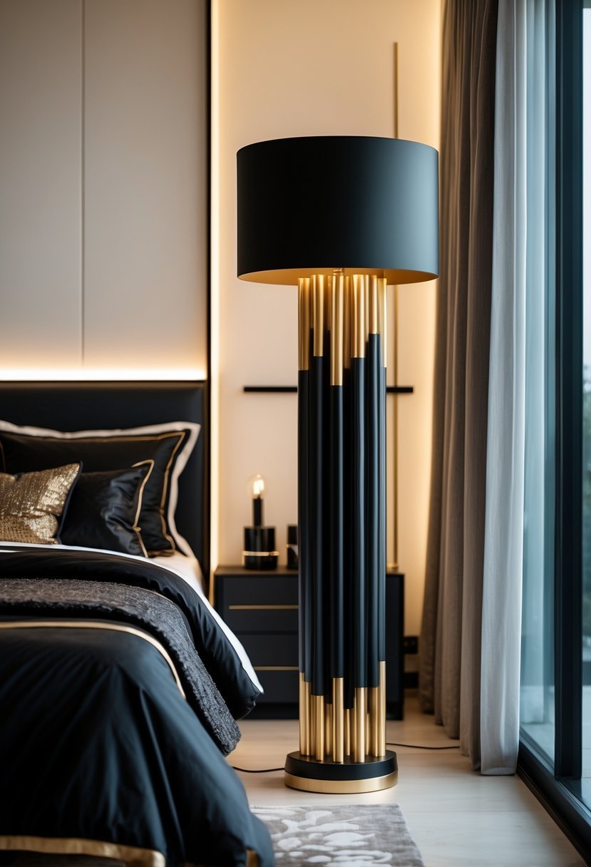 A black floor lamp with gold accents next to a bed in a modern bedroom.