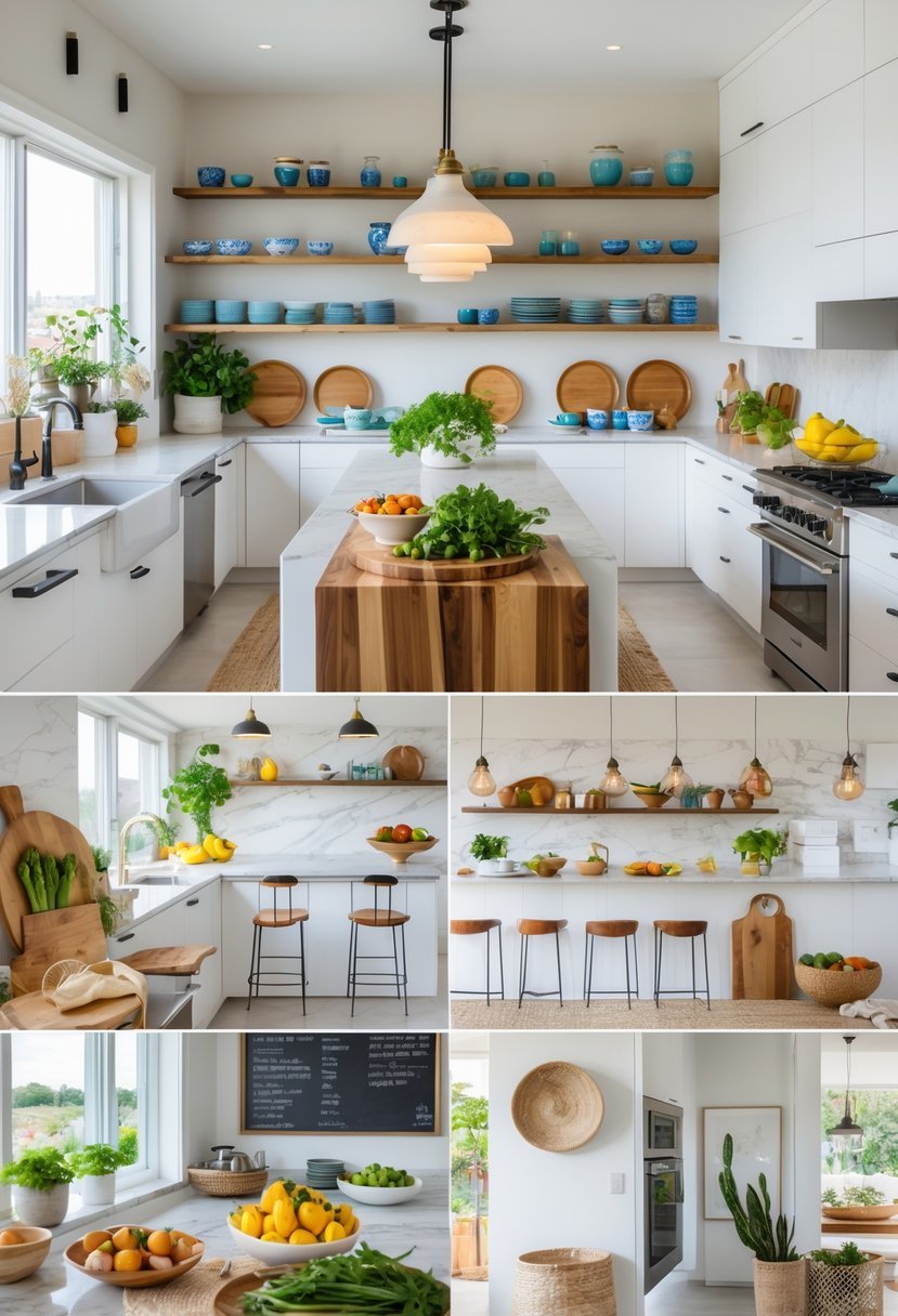 A modern kitchen featuring various decorative elements including shelves with dishes, potted plants, a marble island, and a cozy breakfast nook.