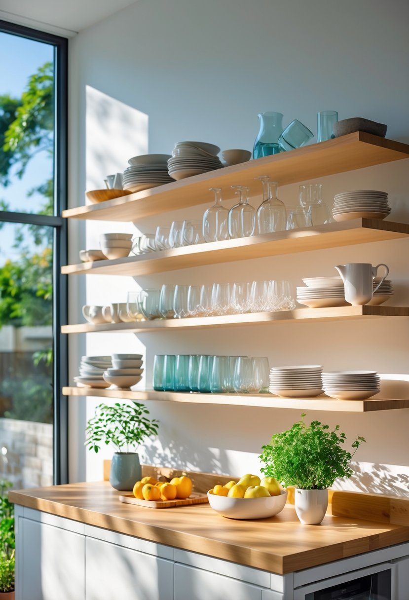 A modern kitchen with open shelves displaying dishes, glassware, and decorative items above a countertop with fruits and a potted plant.