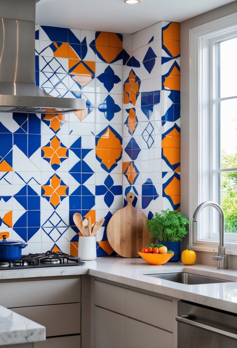 A modern kitchen with a colorful geometric tile backsplash behind the stove and sink, light cabinetry, and stainless steel appliances.
