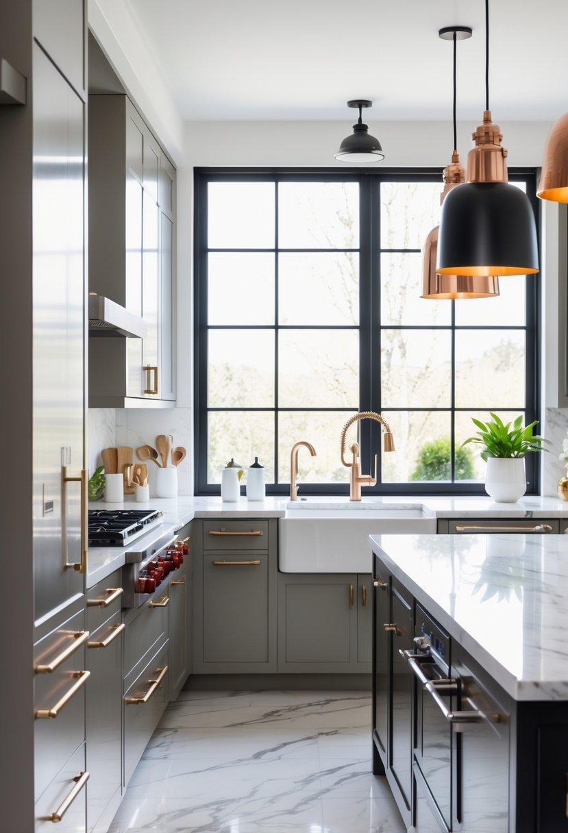A modern kitchen with various metal fixtures including brushed nickel handles, a brass faucet, and black and copper pendant lights over a white marble island.