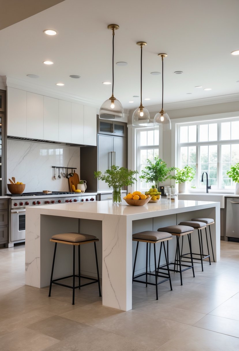 A spacious kitchen with a large island surrounded by seating and modern appliances.