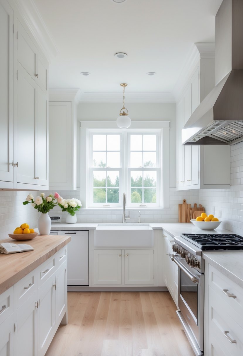Bright kitchen with white cabinets, a large island, stainless steel appliances, and natural light coming through windows.
