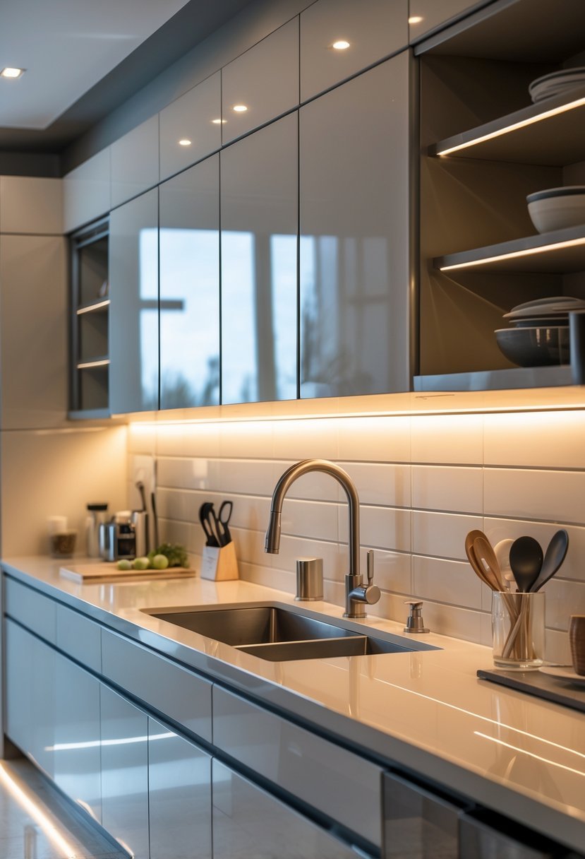 A modern kitchen with under-cabinet lighting illuminating the countertop and backsplash.