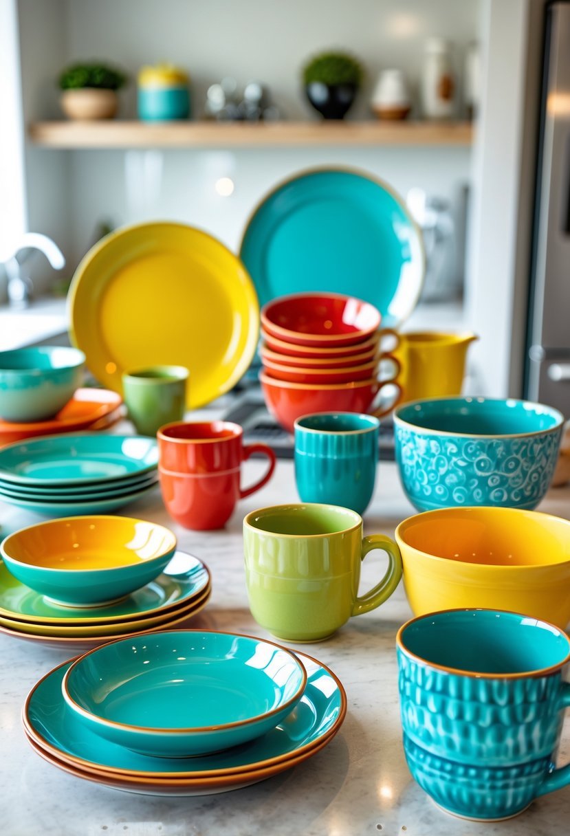 Colorful ceramic plates, bowls, and mugs arranged on a kitchen countertop with a clean kitchen background.