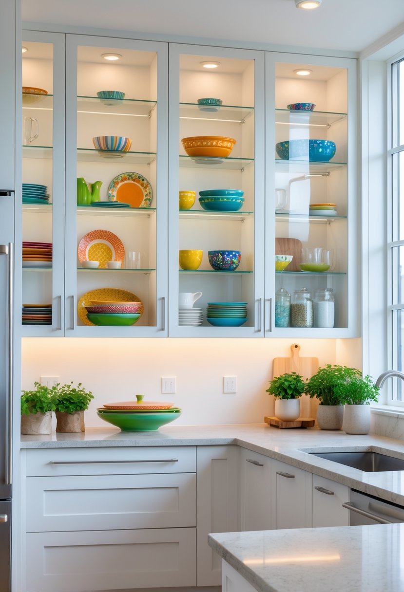 A modern kitchen with glass-front cabinets displaying dishes and glass jars, a clean countertop with small potted herbs, and natural light coming through windows.