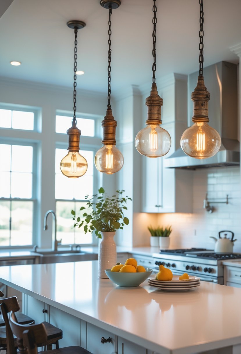 A bright kitchen with a central island lit by vintage pendant lights hanging above it.