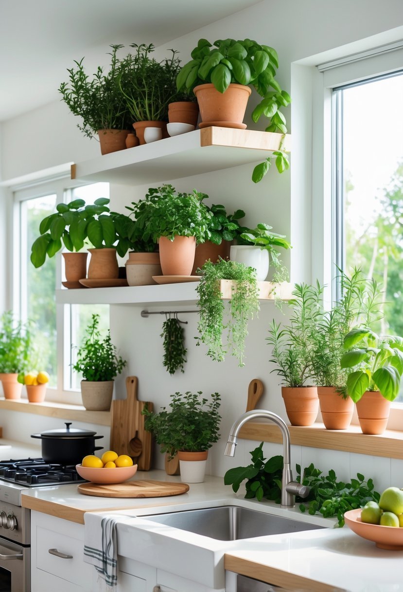 A modern kitchen with potted herb plants placed on shelves and countertops, surrounded by white cabinets and natural wood accents.