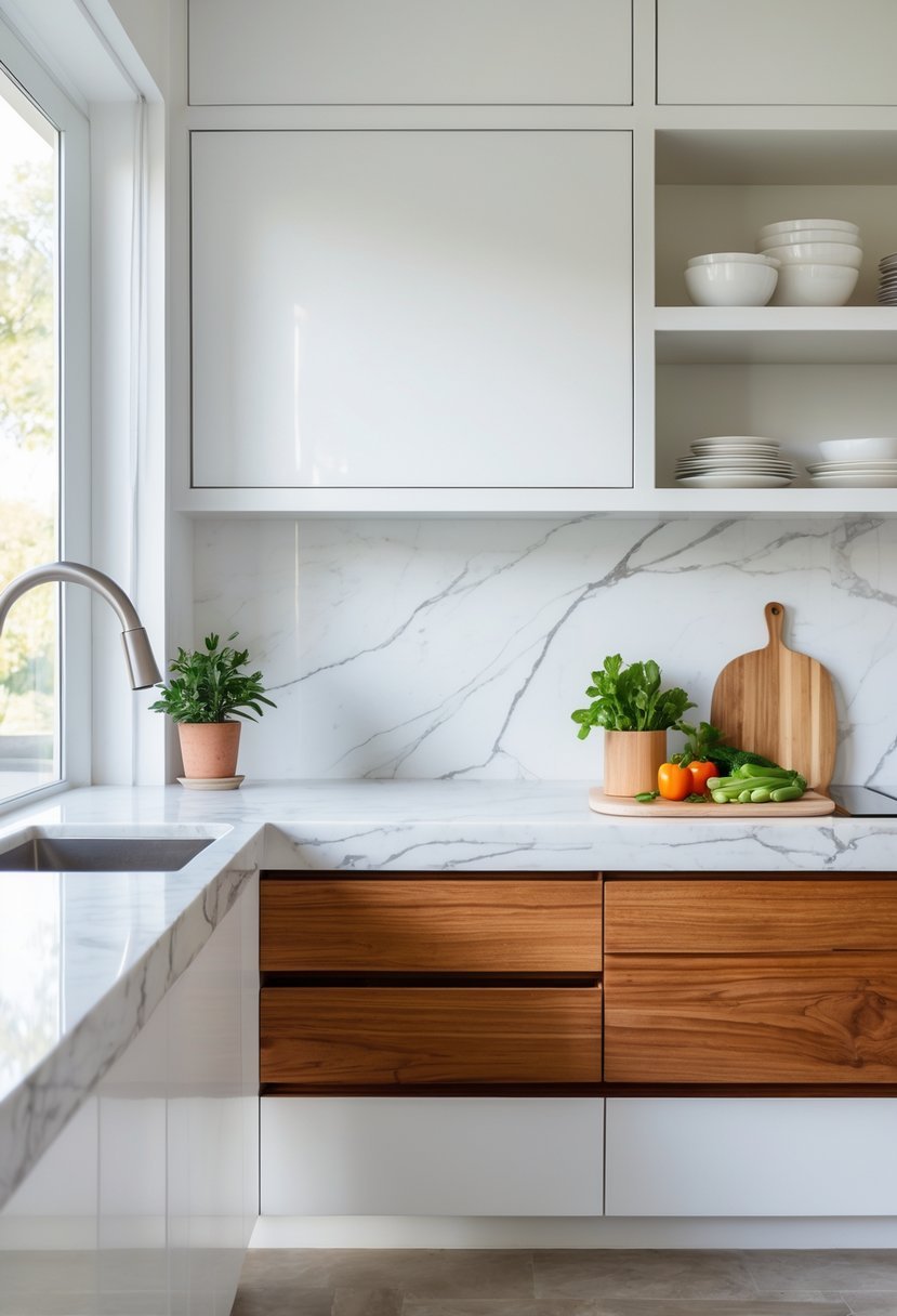 A modern kitchen with countertops made of white marble and natural wood, featuring kitchen accessories and natural light.