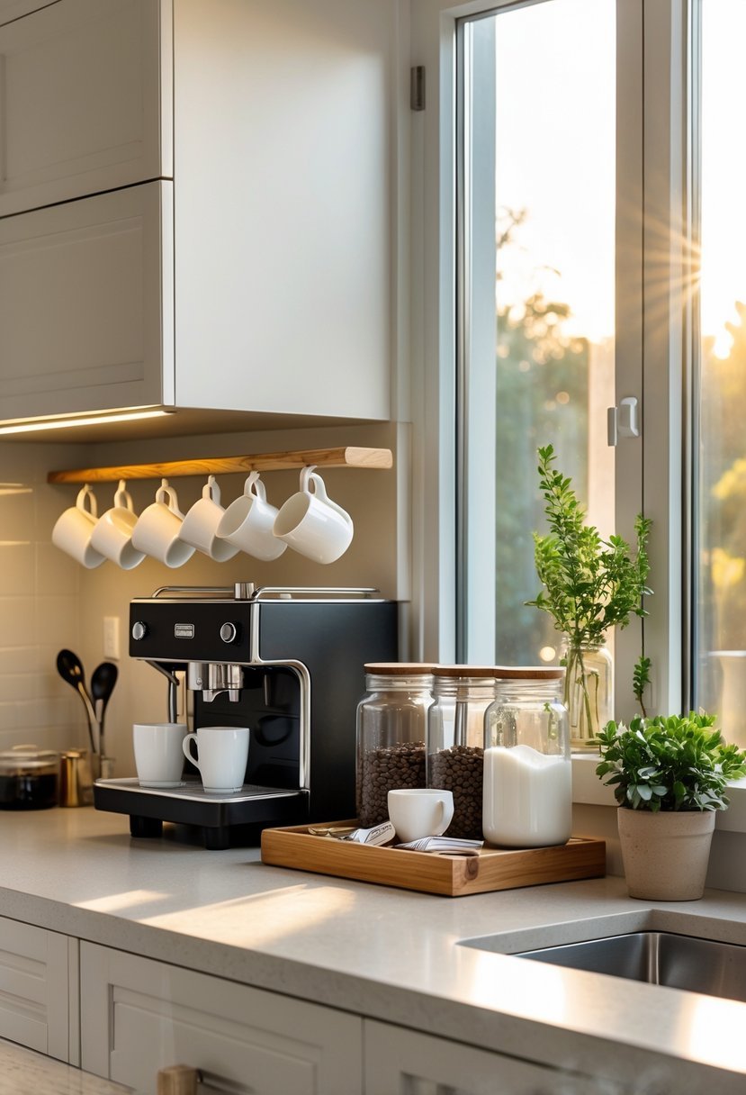 A neatly arranged coffee nook with an espresso machine, mugs, jars of coffee beans, and a small plant on a kitchen countertop.