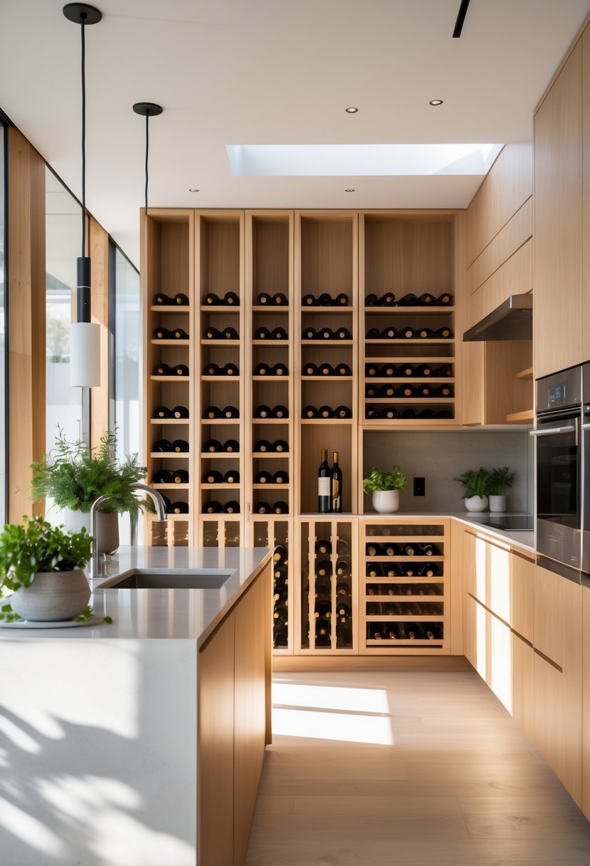 A modern kitchen with built-in wine racks filled with bottles integrated into the cabinetry, featuring a spacious island and natural light.