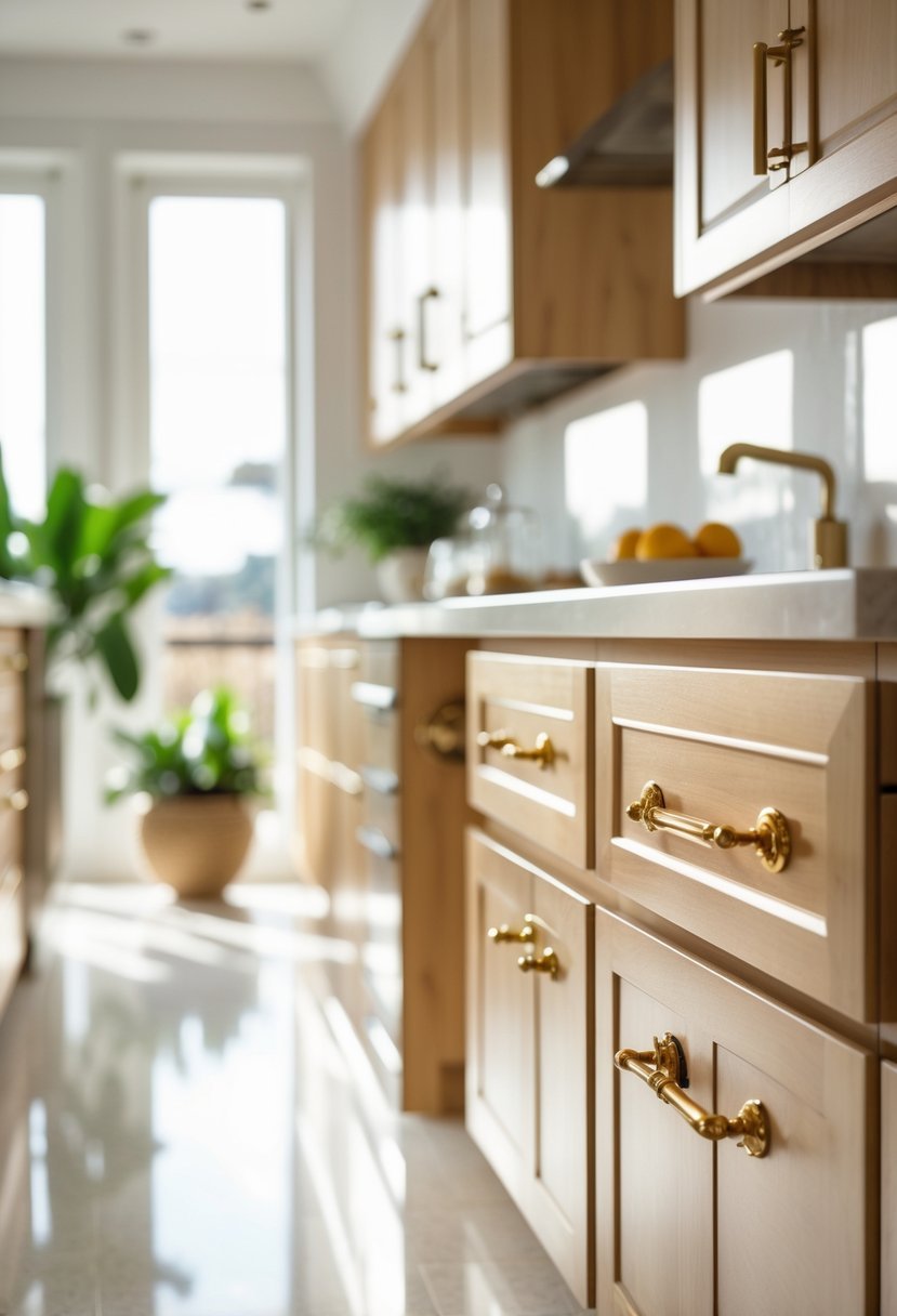 Close-up of kitchen cabinets with brass handles and knobs in a bright modern kitchen.
