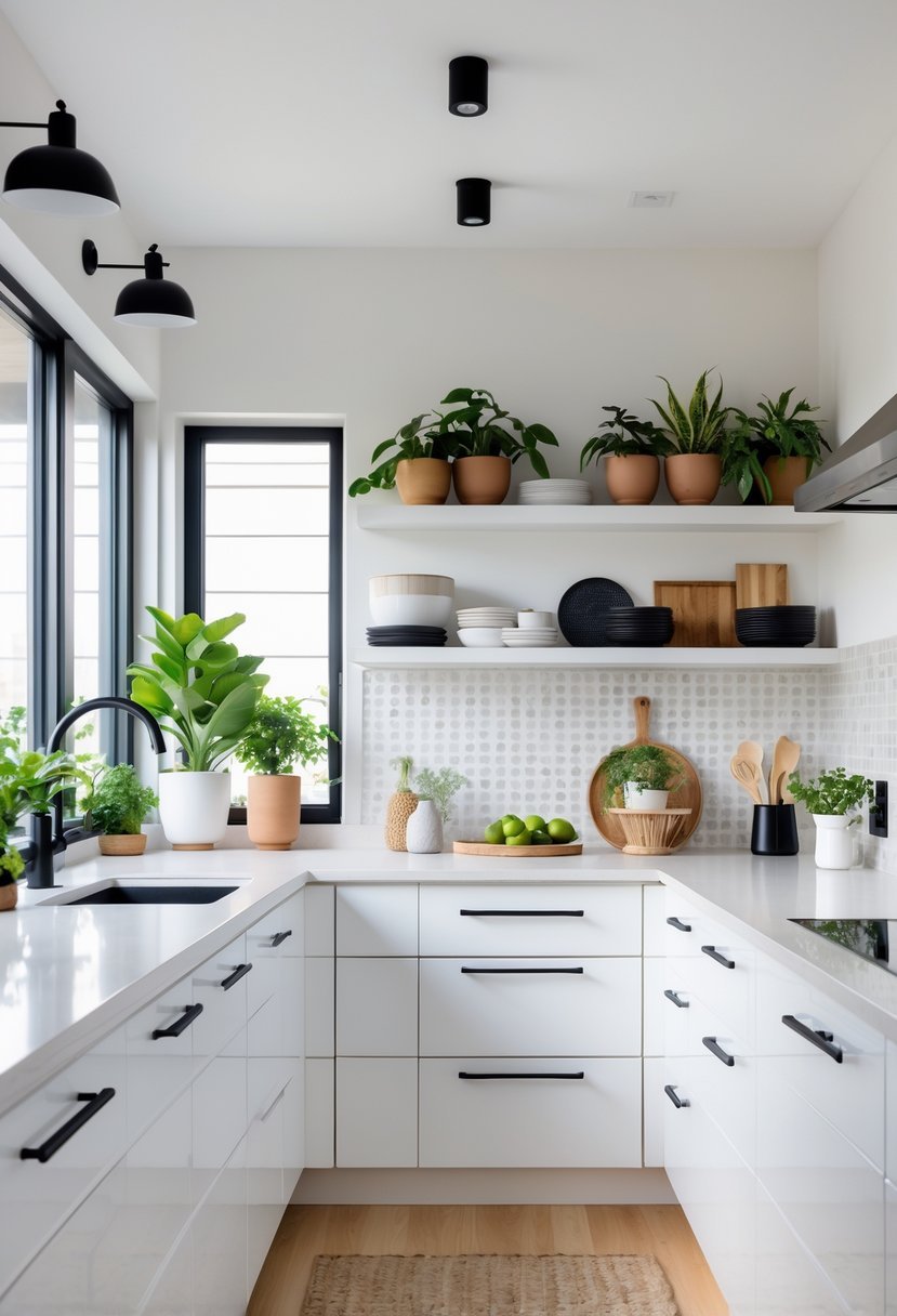 A bright kitchen with white cabinets, black accents, plants, and decorative kitchenware arranged neatly.