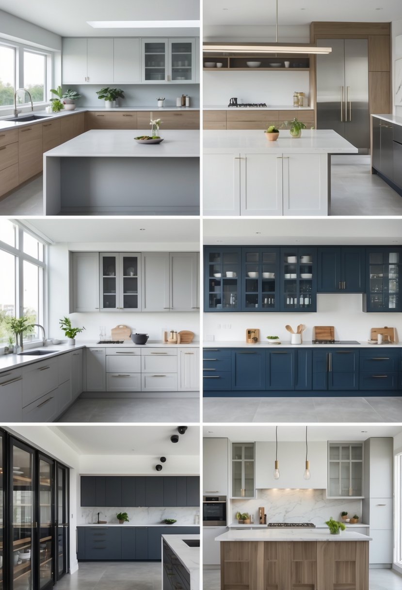 A modern kitchen interior featuring multiple styles of cabinets in various colors and materials, with countertops, lighting, and kitchen accessories.