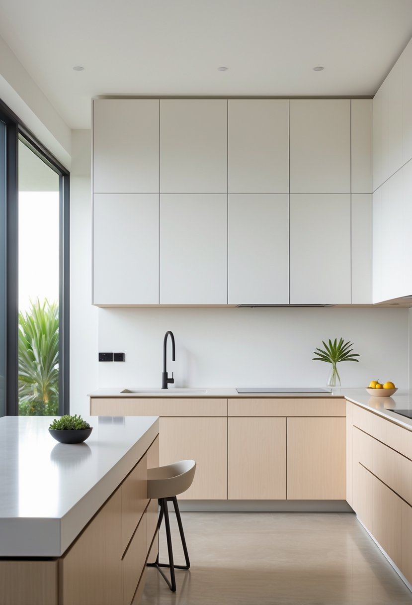 A bright modern kitchen with handleless cabinets, a kitchen island, and natural light coming through large windows.