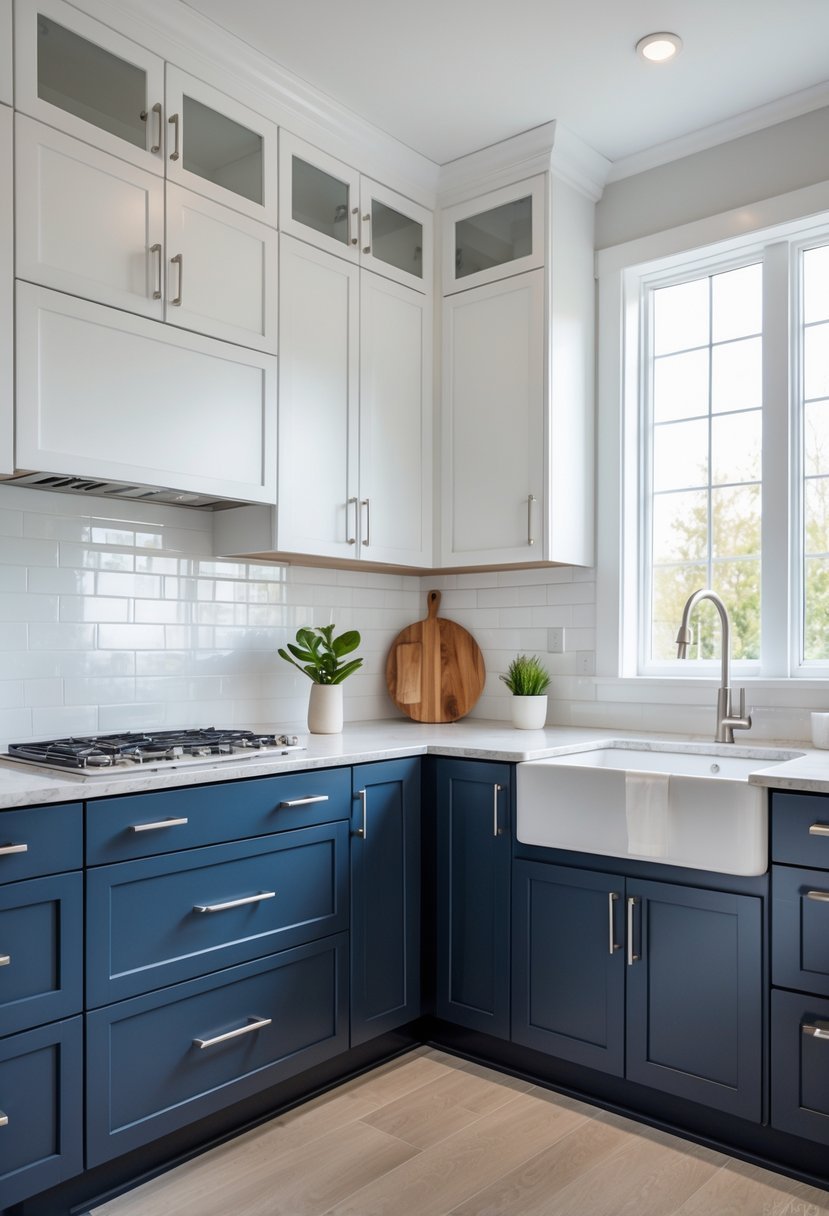 A modern kitchen with white upper cabinets and navy blue lower cabinets, a light countertop, stainless steel appliances, and natural light coming through large windows.