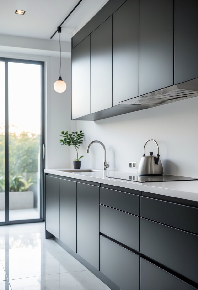 A modern kitchen with matte black cabinets, light countertops, stainless steel appliances, and natural light coming through large windows.