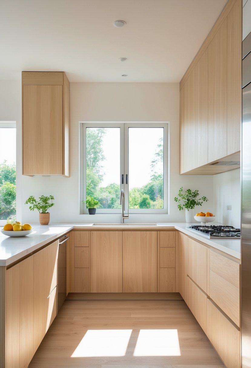 A bright kitchen with light wood grain cabinets, a white countertop, stainless steel appliances, and natural light coming through large windows.