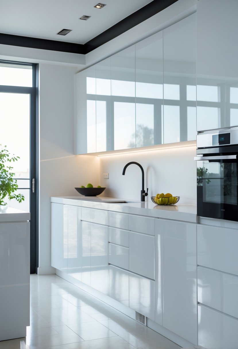 A bright kitchen with glossy white cabinets, a countertop with kitchen accessories, and large windows letting in natural light.