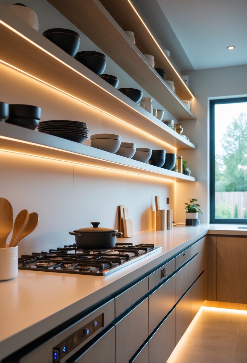 A modern kitchen with open shelves featuring integrated lighting, displaying kitchenware and illuminated by warm lights.