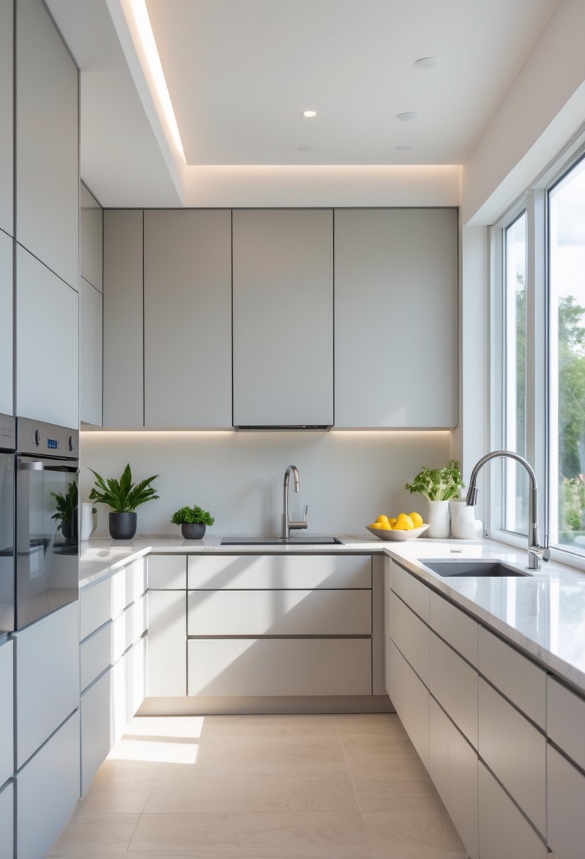 A bright kitchen interior with flat-panel cabinets, a clean countertop, and modern appliances.