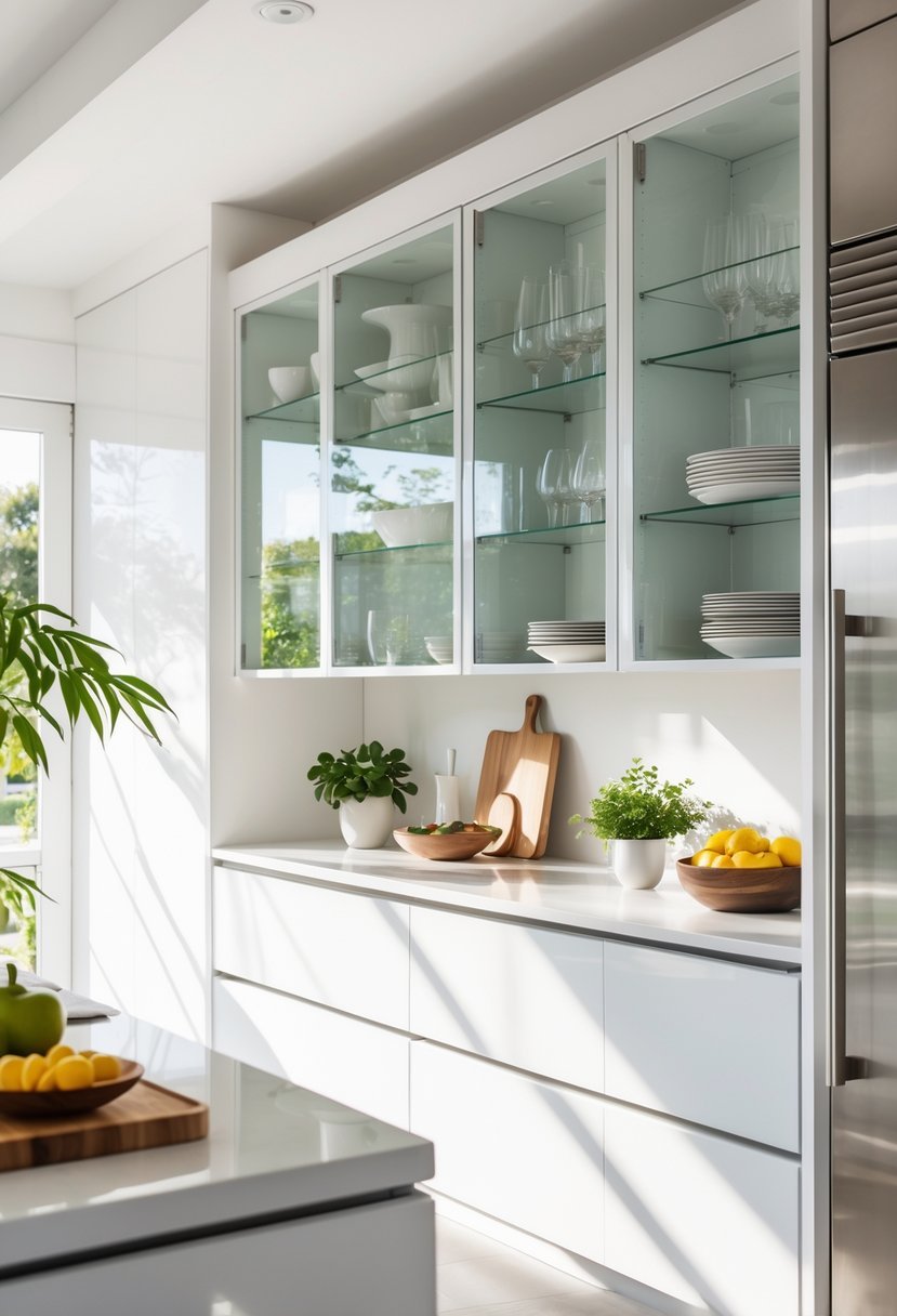A modern kitchen with glass front display cabinets showing neatly arranged dishes and a clean countertop with kitchen accessories.