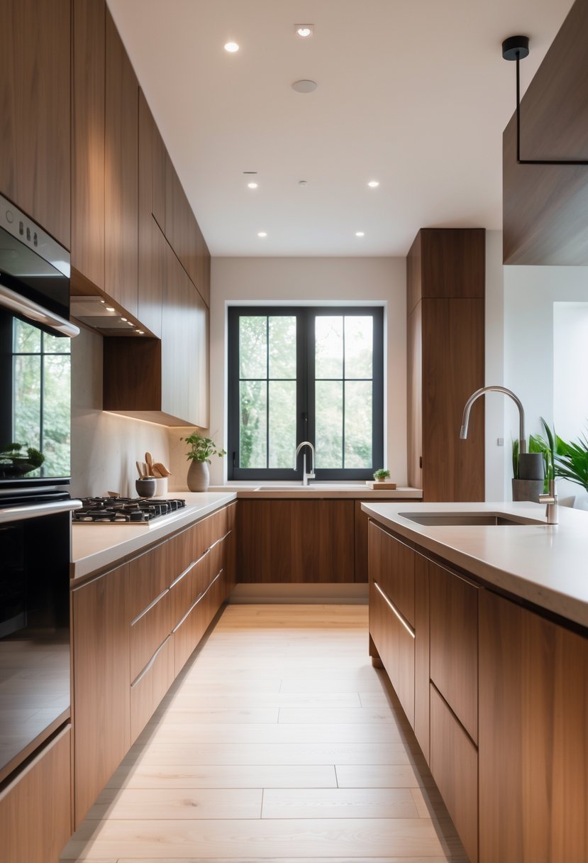 A modern kitchen with warm walnut cabinets, a light countertop, and natural light coming through large windows.
