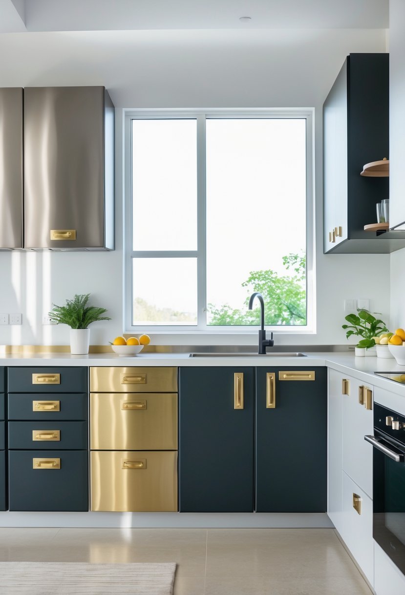 A modern kitchen with cabinets featuring handles and knobs in different metal finishes, illuminated by natural light.