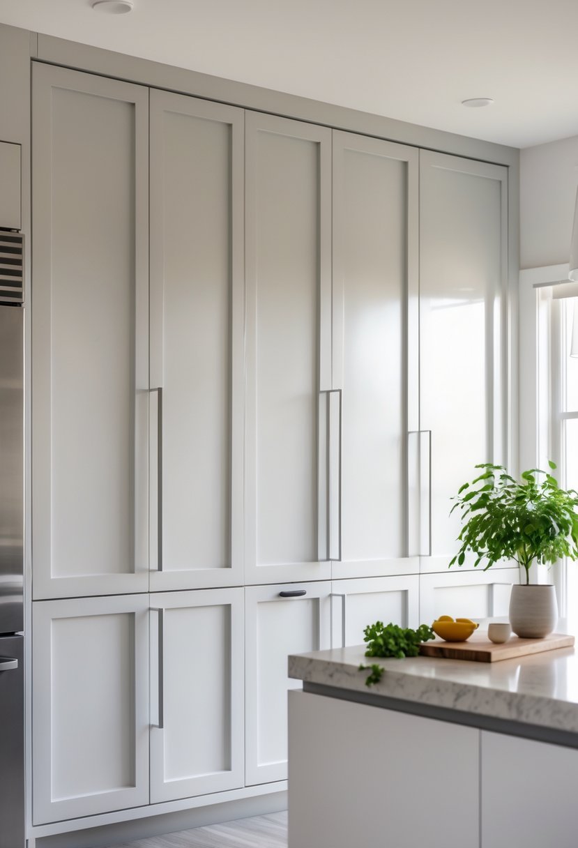 A modern kitchen interior featuring smooth inset cabinet doors, a stone countertop with kitchen accessories, and stainless steel appliances.