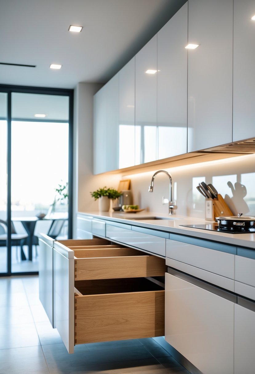 Modern kitchen cabinets with drawers partially open, showing smooth closing mechanisms in a bright and clean kitchen setting.