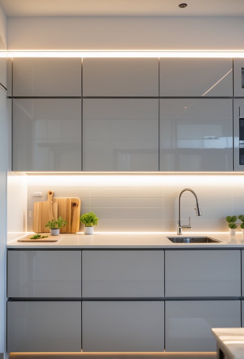 A modern kitchen with under-cabinet LED lights illuminating the countertop beneath sleek upper cabinets.