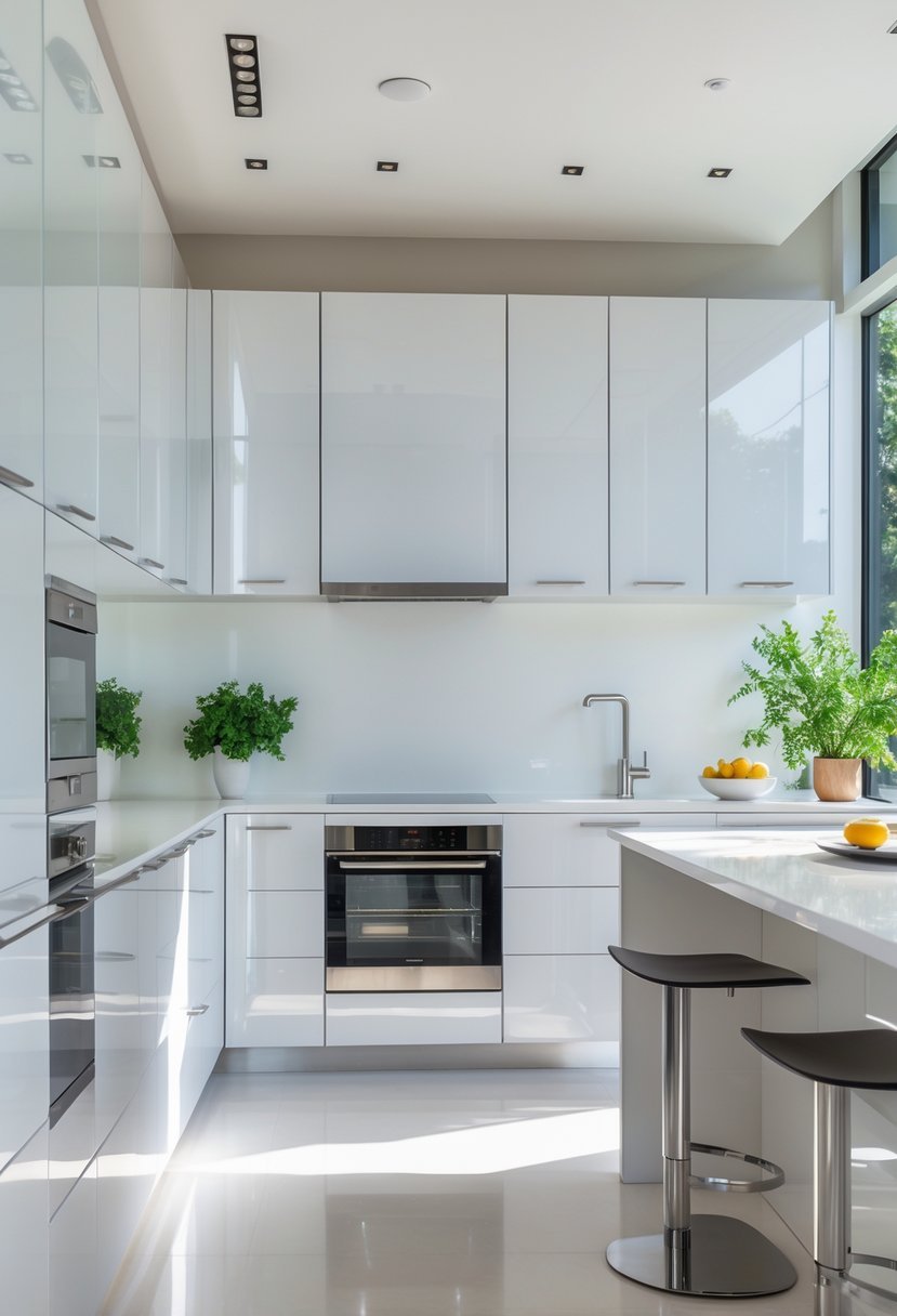 A bright modern kitchen with shiny white cabinets, a clean countertop, and integrated appliances.