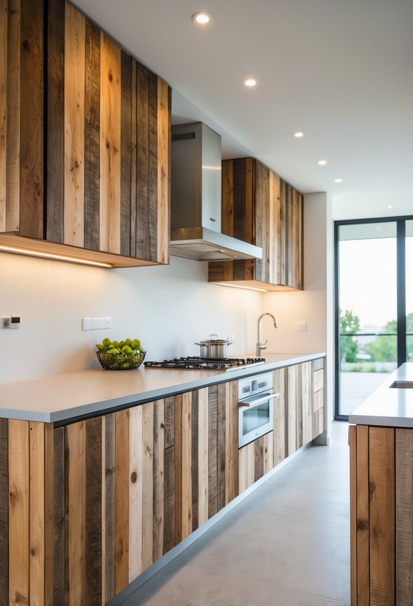 A modern kitchen with recycled wood cabinets, a kitchen island, and natural light coming through large windows.