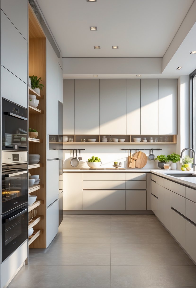 A bright modern kitchen with sleek cabinets featuring pull-out shelves and organized storage spaces, with kitchenware neatly arranged and natural light filling the room.