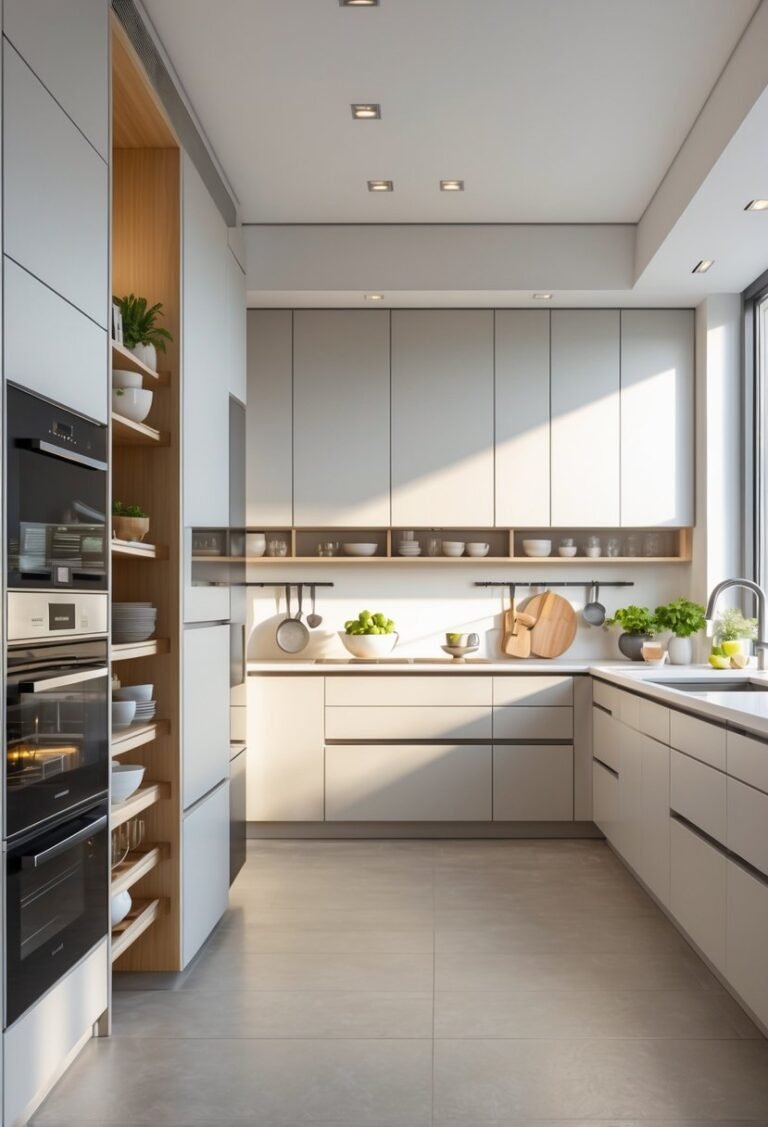 A bright modern kitchen with sleek cabinets featuring pull-out shelves and organized storage spaces, with kitchenware neatly arranged and natural light filling the room.
