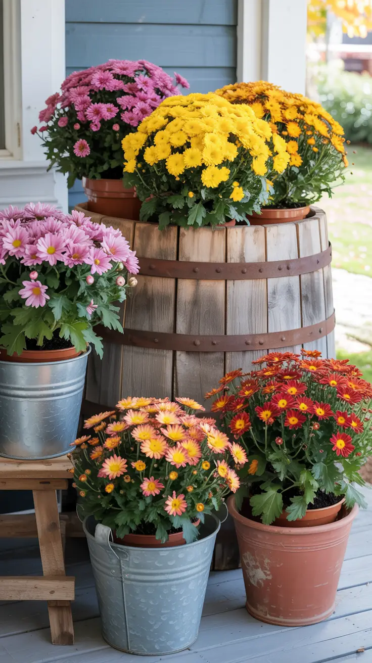 Mums in Rustic Planters