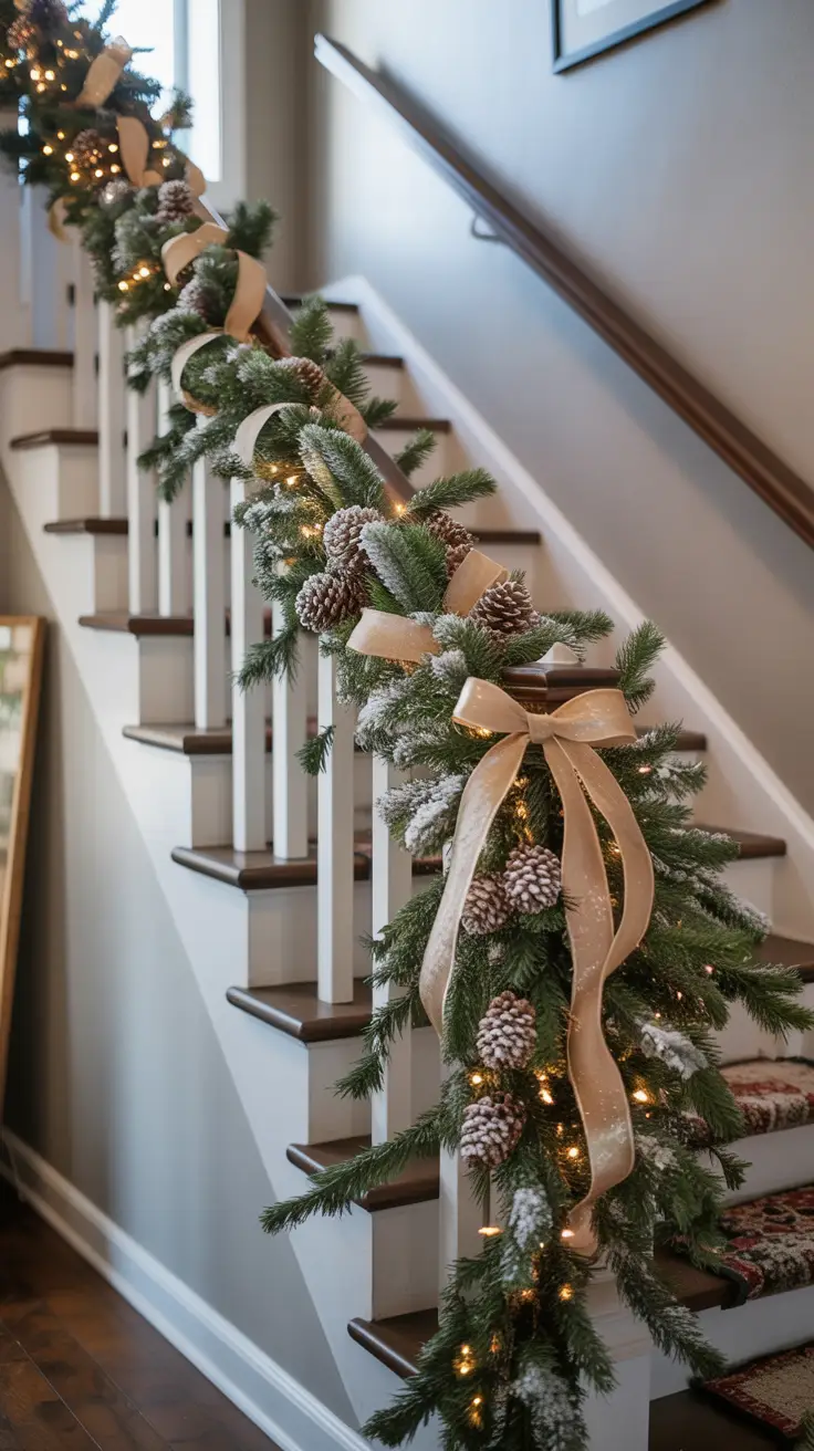 Frosted Garland on Stair Rails