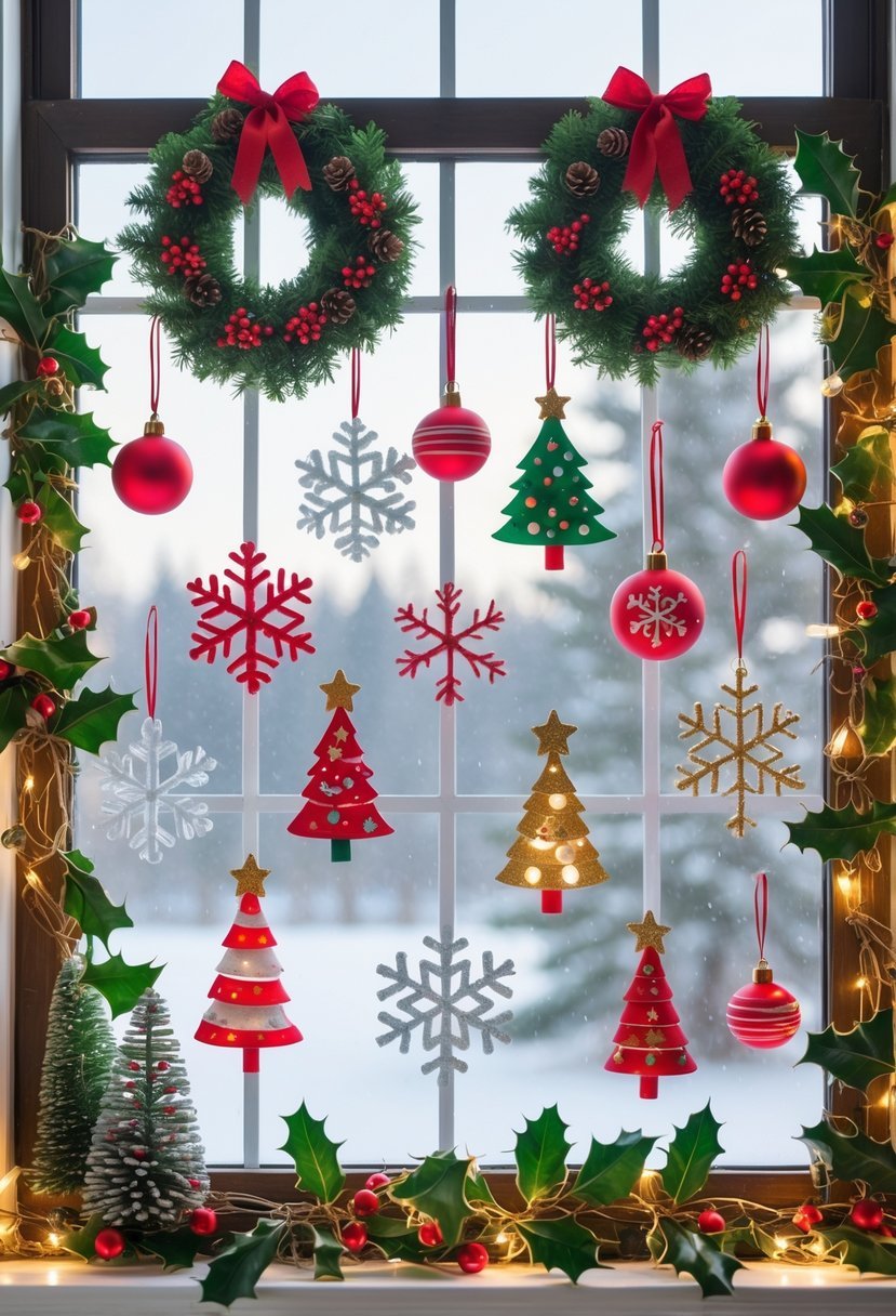 A large window decorated with various Christmas decorations including wreaths, ornaments, fairy lights, snowflake decals, miniature trees, candy canes, ribbons, and holly garlands with a snowy winter scene outside.