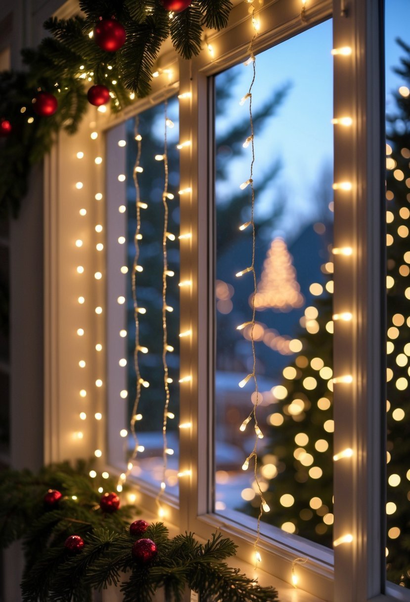 Window decorated with glowing LED fairy light curtains and Christmas ornaments creating a warm holiday atmosphere.