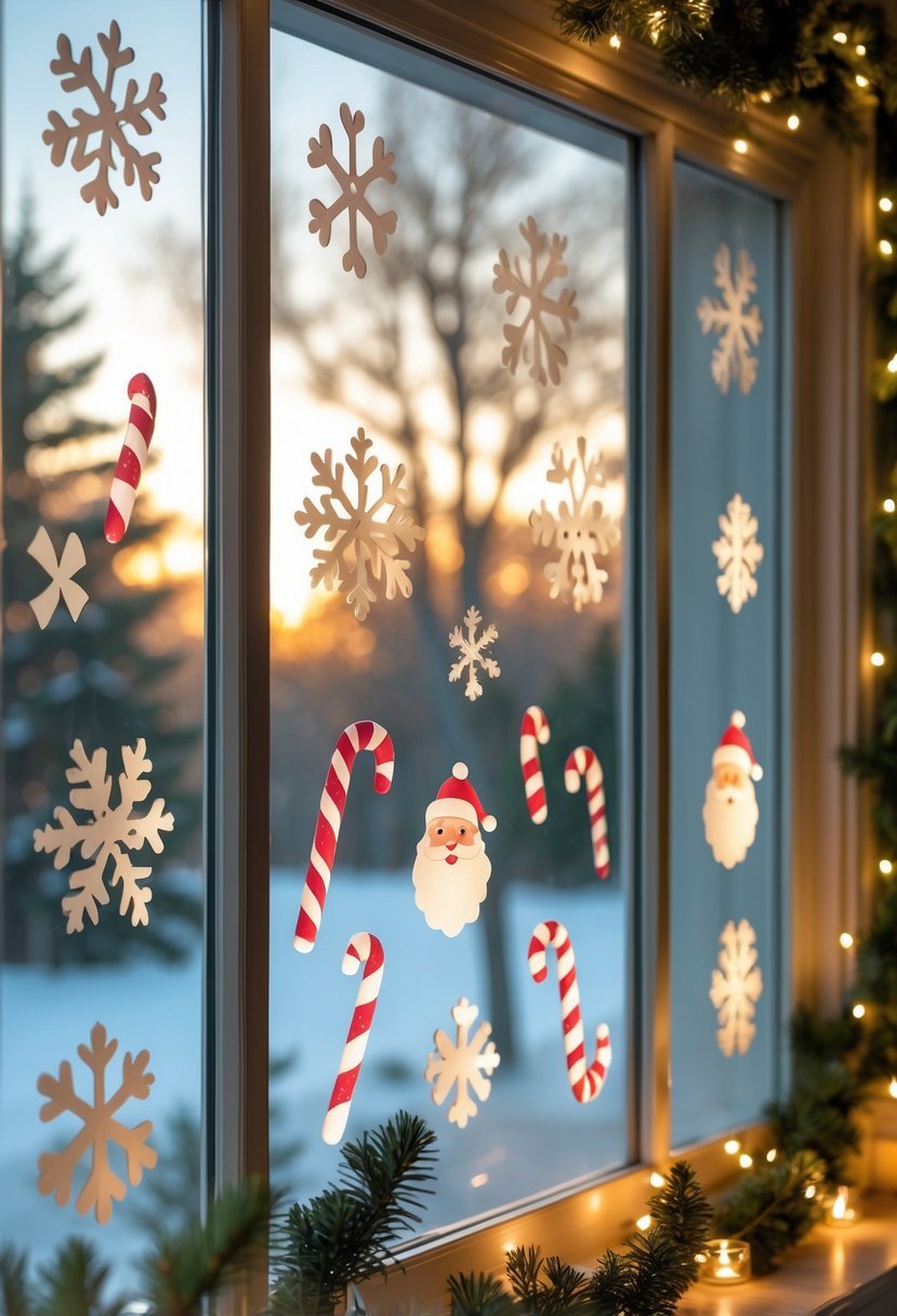 A window decorated with frosted Christmas designs including snowflakes and Santa, with a snowy outdoor scene visible through the glass.