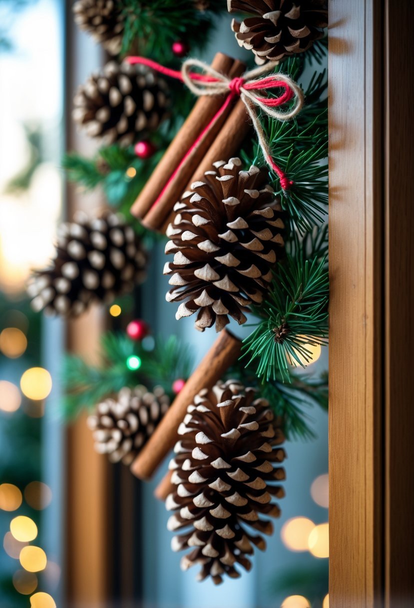 A Christmas window decorated with a garland of pinecones and cinnamon sticks draped across the frame, with soft natural light and blurred holiday lights in the background.