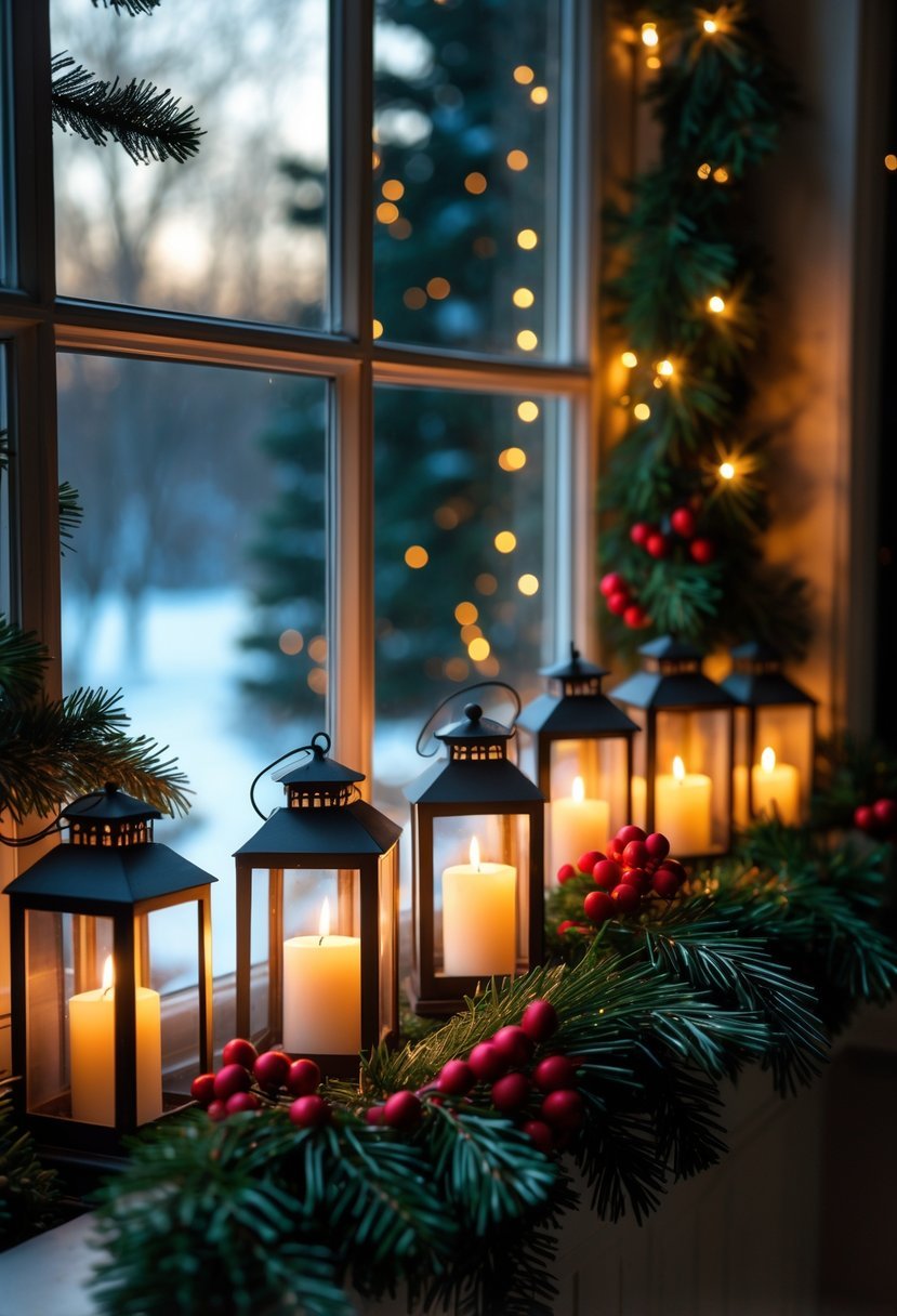 A window decorated with glowing battery-operated candle lanterns and Christmas greenery, with a snowy winter scene outside.